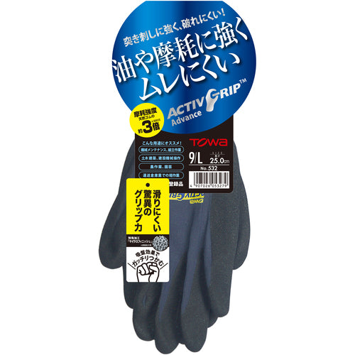 トワロン ニトリル背抜き手袋 ActiveGrip Advance 9/L 532-9L 1双