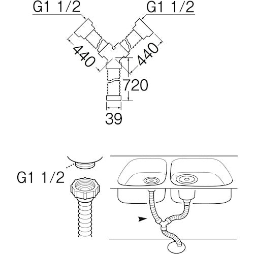 SANEI 싱크 배수 마개 Y형 호스(나사 부착) 호스 길이 1.17 m PH62-862 1개