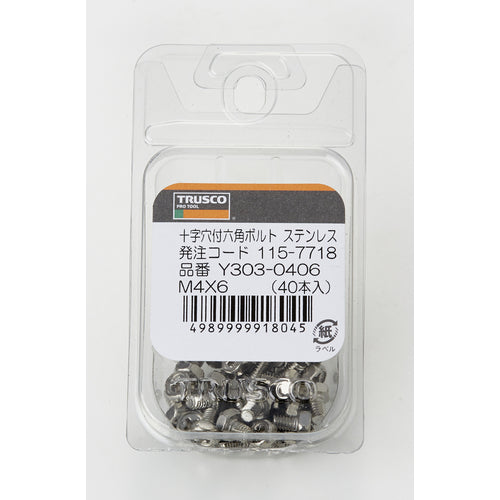 TRUSCO Cross Recessed Hexagonal Upset Bolt Stainless Steel M4 x 6 40 Pieces Y303-0406 1 PK