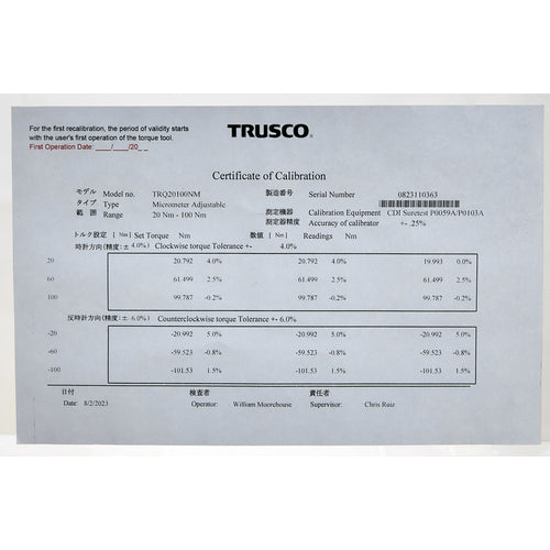 TRUSCO Preset Torque Wrench 3/8 20-100Nm TRQ20100NM 1 pc