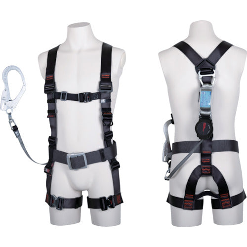 TSUYORON 飛燕ハーネス 胴ベルト付き シングルランヤード付き 巻取式ワン・ハンドリトラ ダークグレー Lサイズ TH-506-OH93SV-OT-DG-L-R23-BX 1 本