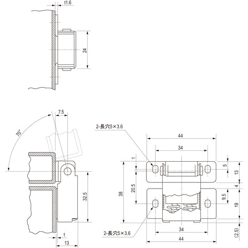 栃木屋 オートヒンジ 全長38×幅44×厚さ13mm TH-92 1 個