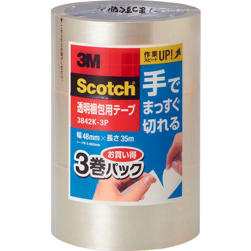 3M Scotch R transparent packaging tape, can be cut straight by hand, 3842K-3P, 1 PK