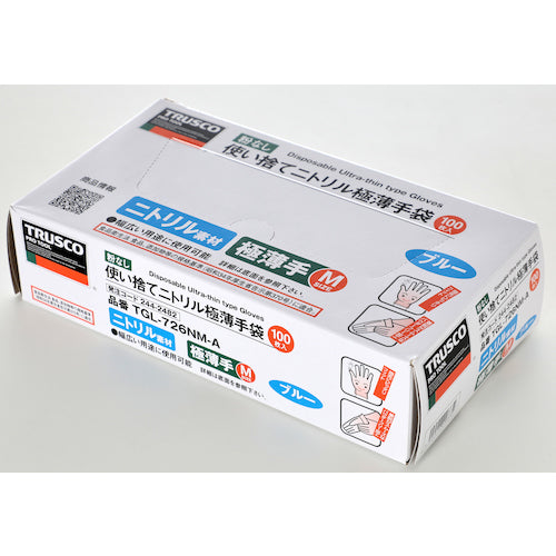 TRUSCO 使い捨てニトリル極薄手袋 粉無M ブルー (100枚入) TGL-726NM-A 1 箱