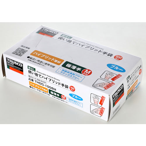 TRUSCO 【売切廃番】 使い捨てハイブリッド手袋 粉無L ブルー (100枚入) THDG-1008L 1 箱