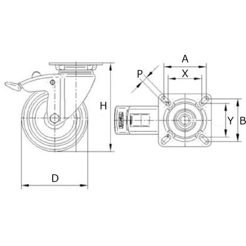 Tente Caster Plate-type Caster "AGILA" (Elastomer Wheel) φ150 Swivel (with Total Lock) 2477PJP150P50 1 pc