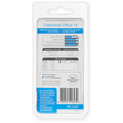 Crescendo Earplugs Noise Absorption Filter Office NRR 9dB PR-1627 1 S