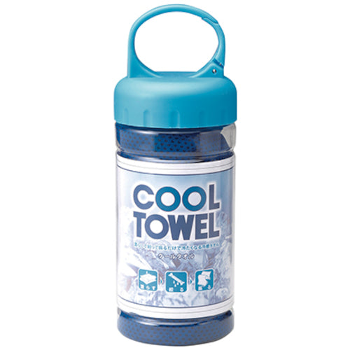 緑十字 冷感タオル クールタオル(カラビナボトル付) ブルー 300×950mm 375670 1 枚