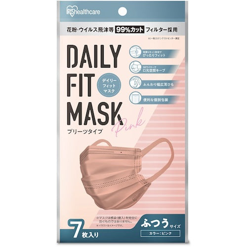 IRIS 290400 DAILY FIT MASK Pleated Regular Size 7 Pieces Pink PK-D7LP 1 Bag