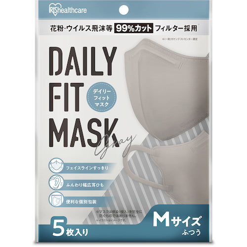 IRIS 289118 DAILY FIT MASK 입체 마스크 보통 사이즈 5매입 그레이 RK-D5MG 1봉