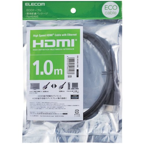 ELECOM HDMI Cable, Ethernet Compatible, Eco Package, 1.0m, Black, CAC-HD14EL10BK, 1 Piece