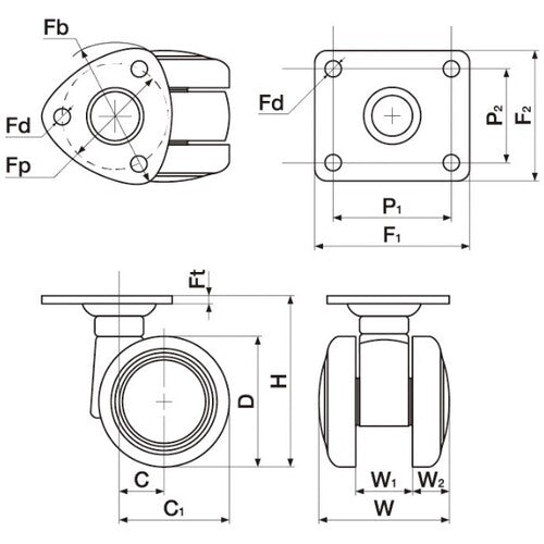 도카이 플레이트식 쌍륜 캐스터(엘라스토머차) 60MM 흑색 TE60J 1개