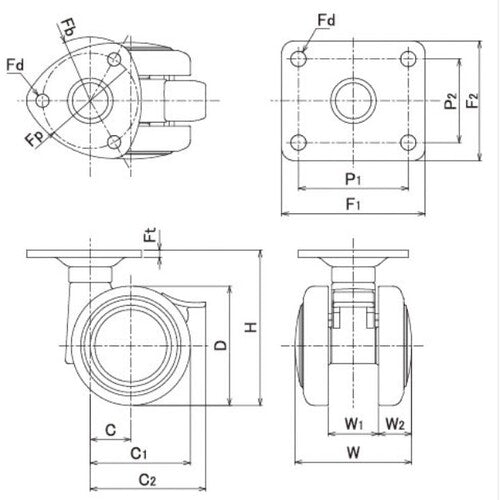 도카이 플레이트식 쌍륜 캐스터(엘라스토머 차량) 60MM 스토퍼 부착 흑색 TE60JS 1개