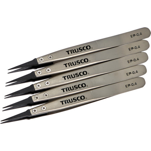 TRUSCO Bulk Purchase ESD Tip Tweezers, Fine Tip, Tip Width 0.4mm, Pack of 5, EP-0.4-M5, 1 S