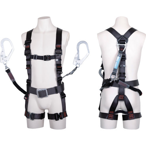 TSUYORON 飛燕ハーネス 胴ベルト付き ダブルランヤード付き ロック機構付き巻取式コルトリトラ・伸縮式ノビロン(BK) ダークグレー Mサイズ TH506-CRNV93SVOT-DG-BKM-2R23BX 1 本