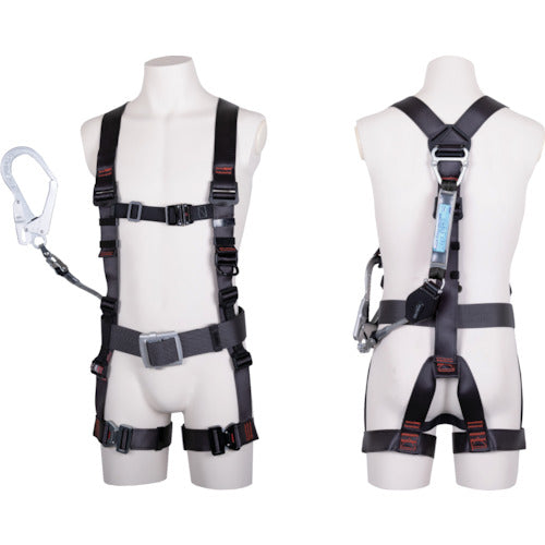 TSUYORON 飛燕ハーネス 胴ベルト付き シングルランヤード付き ロック機構付き巻取式コルトリトラ ダークグレー Mサイズ TH-506-CR93SV-OT-DG-BK-M-R23BX 1 本