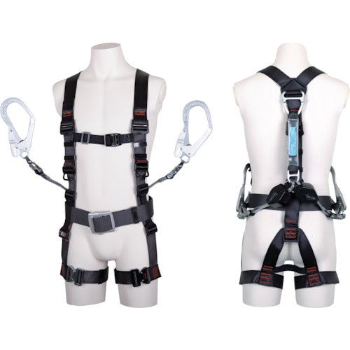 TSUYORON 飛燕ハーネス 胴ベルト付き ツインランヤード付き ロック機構付き巻取式コルトリトラ ダークグレー Mサイズ TH506-2CR93SV-OT-DG-BKM-2R23BX 1 本