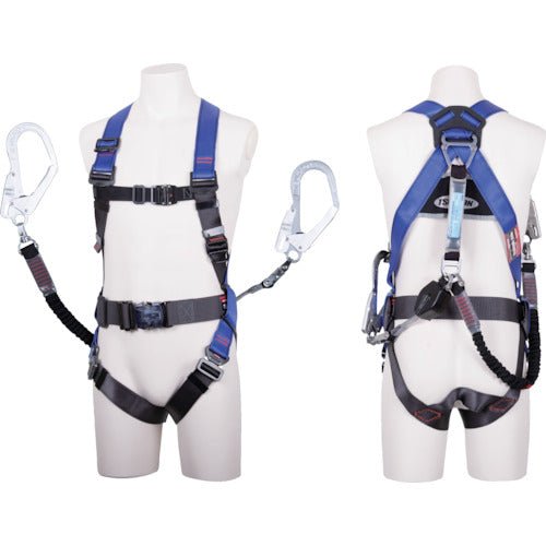 TSUYORON コアハーネス 胴ベルト付き ダブルランヤード付き ロック機構付き巻取式コルトリトラ・伸縮式ノビロン(BK) パープル Mサイズ TH502-CRNV93SV-OT-P-BKM-2R23BX 1 本