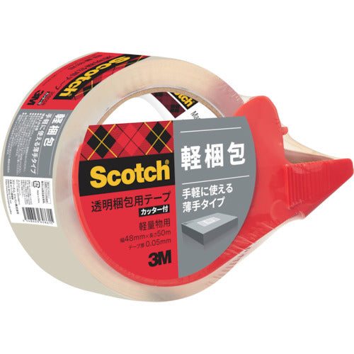 3M Transparent Packaging Tape with Cutter, 48mm x 50m, for Lightweight Items, 309DSN, 1 Roll
