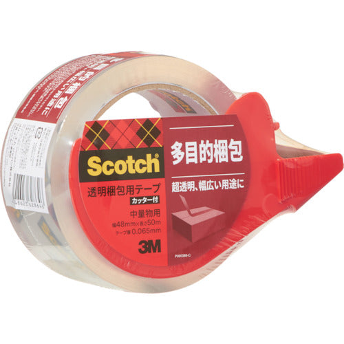 3M Transparent Packaging Tape with Cutter, 48mm x 50m, for Medium and Light Weight Items, 313D 1PN, 1 Roll