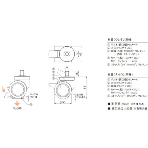 プラパート リフトロックキャスター ナイロン車 φ50 M12 黒 ストッパー付 高さ調整可 K100-50-B12S 1 個