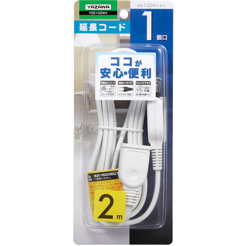 YAZAWA Surge-Resistant Extension Cord, 1 Outlet, 2m, White, Y02102WH, 1 pc