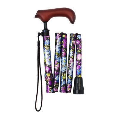 Folding walking stick "Tenohira" / AS-T16BK Black, floral pattern 1 piece