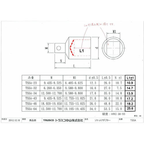 TRUSCO Socket Adapter, 19.0mm Concave, 12.7mm Convex Drive, TSSA-64, 1 pc