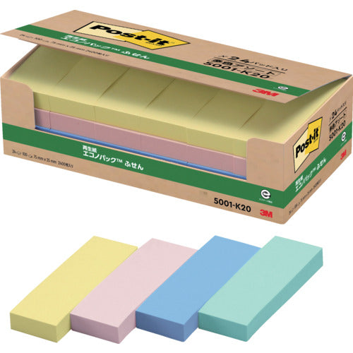 3M Post-it 75X25mm 4-color mixed 100 sheets x 24 pads = 2400 sheets 5001-K20 1 box