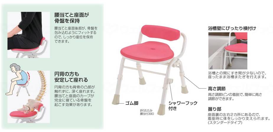 Richell Soft Shower Chair Cleo (Mold Resistant Plus) with Lumbar Support Pink Width 46cm