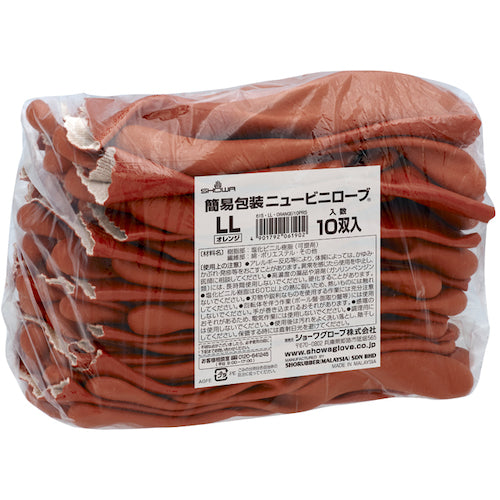 SHOWA PVC gloves bulk purchase, simple packaging, New Vinyl Robe (10 pairs), orange, LL size, NO610-LL10P, 1 bag