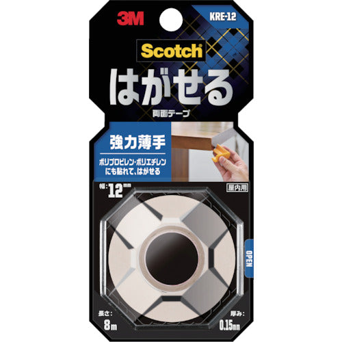3M Scotch Removable Double-Sided Tape, Strong and Thin, 12mm x 8m, KRE-12, 1 Roll