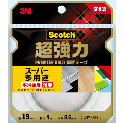 3M スコッチ 超強力両面テープ プレミアゴールド スーパー多用途 薄手 19mm×4m SPU-19 1 巻