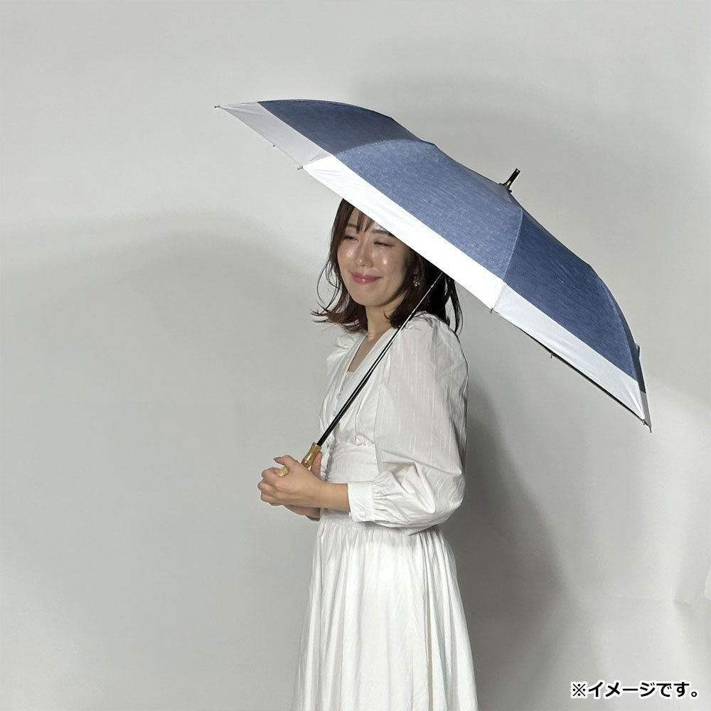 晴雨兼用ショートワイド傘 裏黒コーティング ダンガリー風切継プリント インディゴ×オフ 1 個