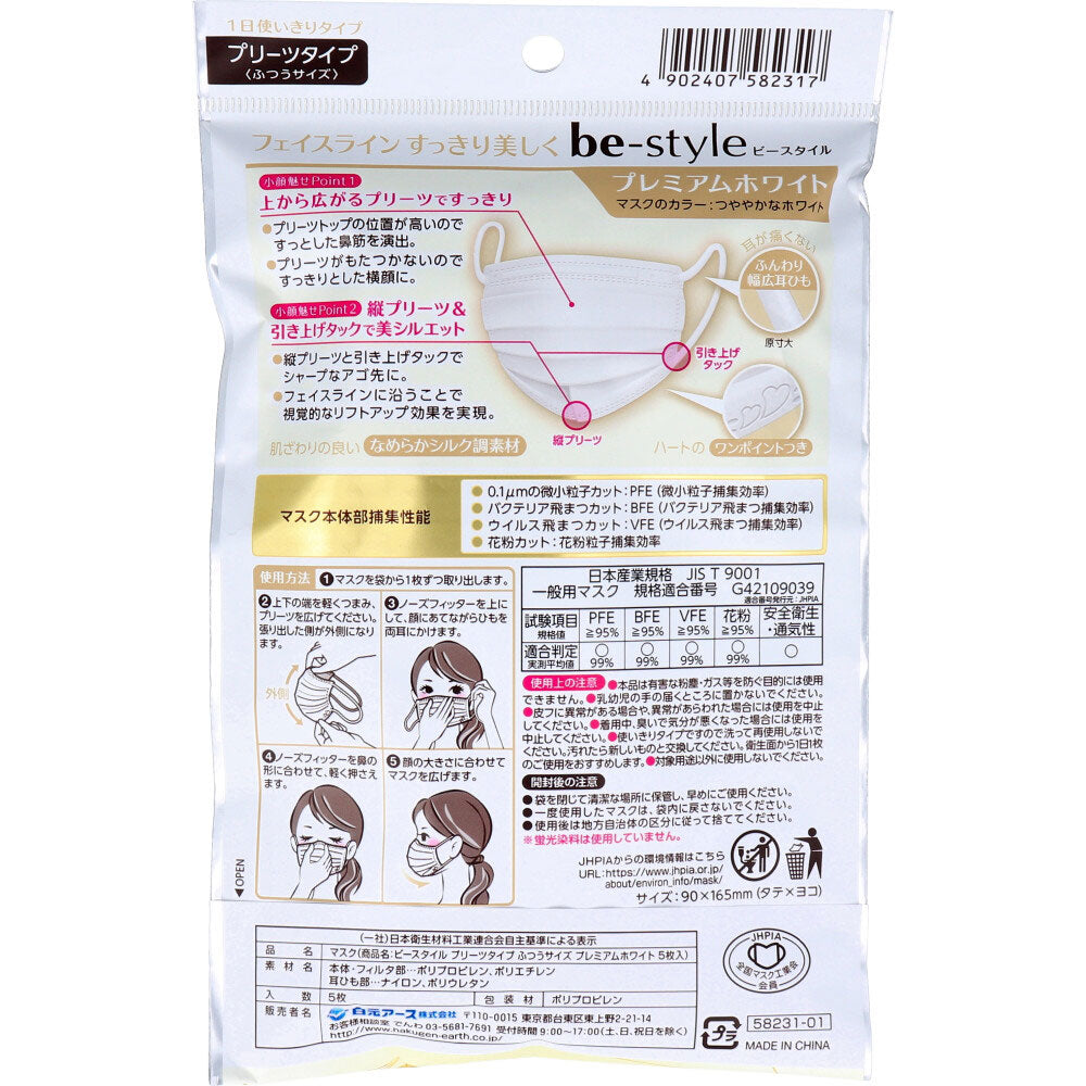 B-Style Pleated type to make your face look smaller Premium White Regular size 5 pieces 1 piece