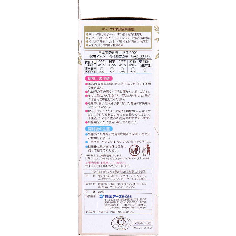 B-Style Pleated type for a smaller face, regular size, milk tea beige, 20 sheets, 1 unit
