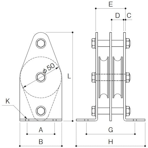 ふじわら 固定ブロック タテ型2車 50mm K50-3 1 個