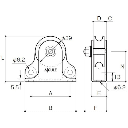 후지와라 풀리 고정 블록 세로형, 가로형 겸용 타입 1차 39mm K39-5 1개