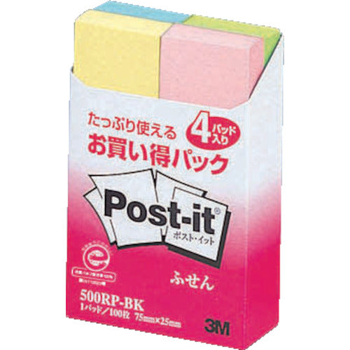 3M Post-it 75 x 25 mm 100 sheets x 4 pads 4 colors mixed 500RP-BK 1 PK