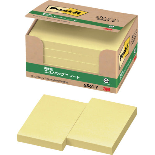 3M ポスト・イット 75X50mm 100枚X10パッド イエロー 6561-Y 1 箱