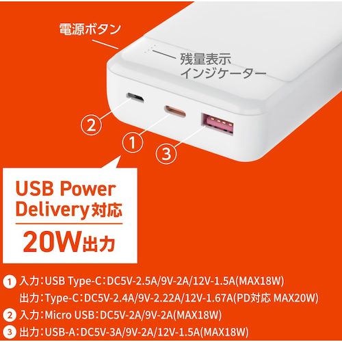 ハイディスク モバイルバッテリー 10000mAh ホワイト HD3-MBPD20W10TAWH 1 個