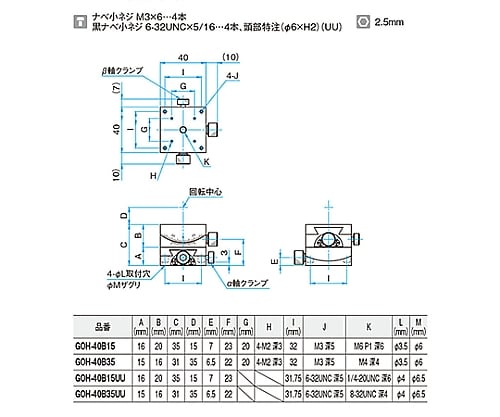 αβ軸小型薄形ゴニオステージ サイズ40mm 15±0.1mm GOH-40B15 1個