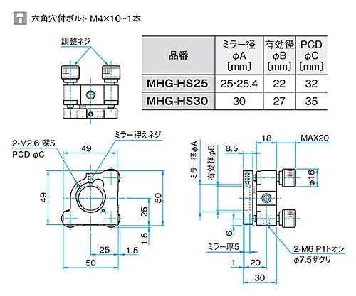 키네마틱 미러 홀더 적응 소자 사이즈 φ25mm・φ25.4mm MHG-HS25 1개