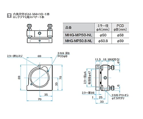 NOMI LOCK(TM) 키네마틱 미러 홀더 적응 소자 사이즈 φ50mm MHG-MP50-NL 1개