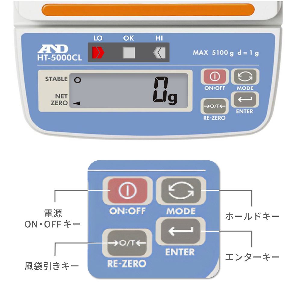 Compact scale with comparator light HT-CL series Capacity: 5100g Minimum display: 1g HT-5000CL 1 unit