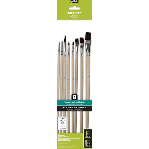 ペベオ 厚塗りペイント用 ブラウン化繊・硬毛 筆 平・丸筆8本セット(平2/6/10/14、丸0/3/6/10号) FSC認証 長軸 952405 1 本