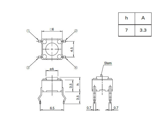 6mm角タクトスイッチ(ステム高さ:7mm) SKHHBVA010 1個