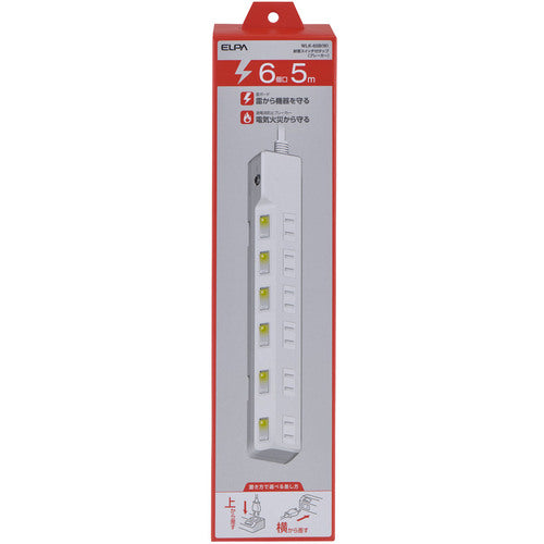 ELPA Corded Tap, Lightning Resistant Switch Tap (Breaker), 6 Outlets, 5m, WLK-65B(W) 1 pc