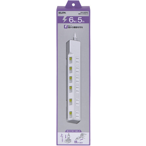 ELPA Corded Tap, Lightning Resistant Switch Tap, 6 Outlets, 5m, WLK-65S(W) 1 pc