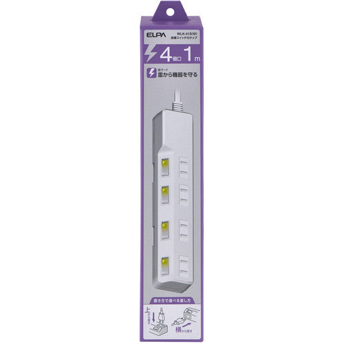 ELPA Corded Tap with Lightning Protection Switch, 4 Outlets, 1m, WLK-41S(W) 1 pc